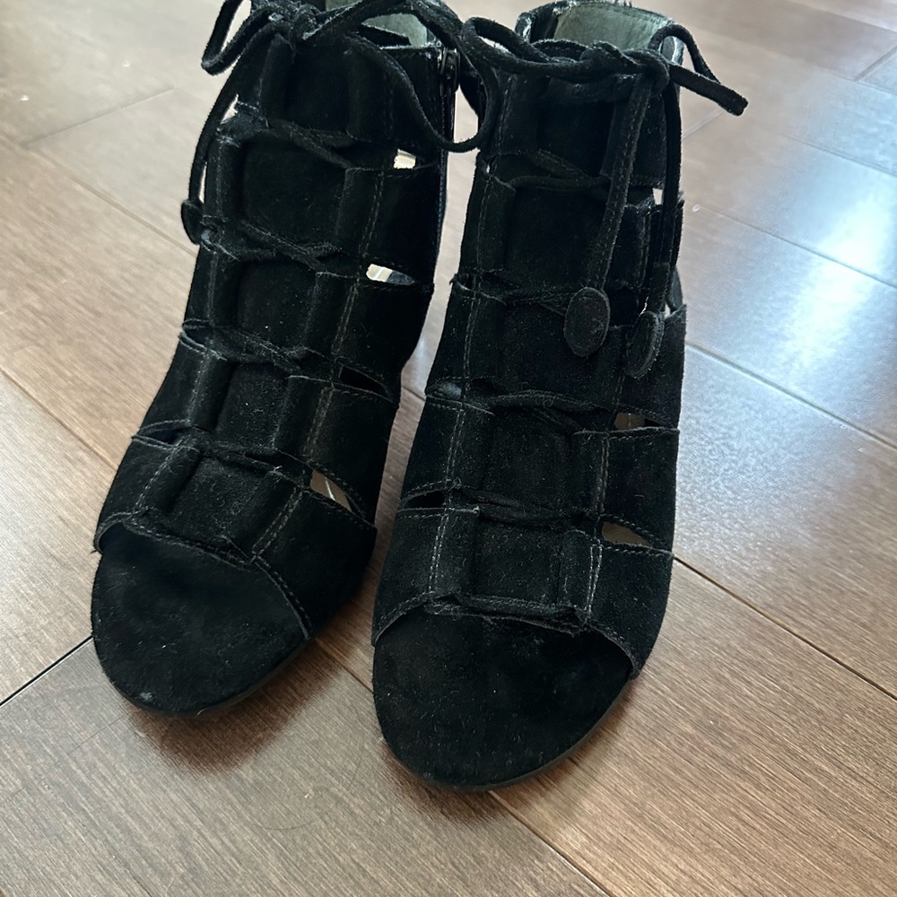 Vionic Black Suede Lace-Up Cage Block Heels